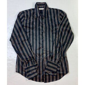Christie & Jill Womens Striped Button-Up Satin Blouse Black & Taupe Size 4
